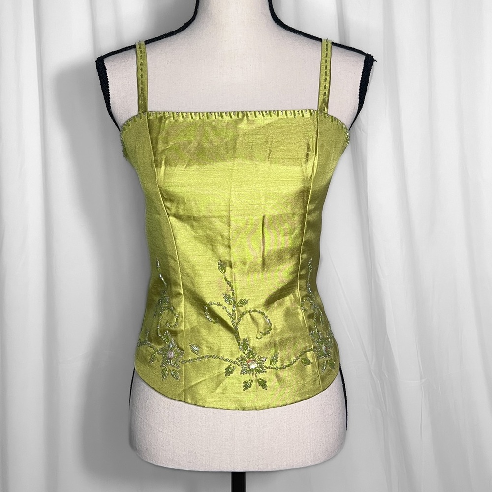 Green Spaghetti Strap Beaded Embroidered Crop Top Size L